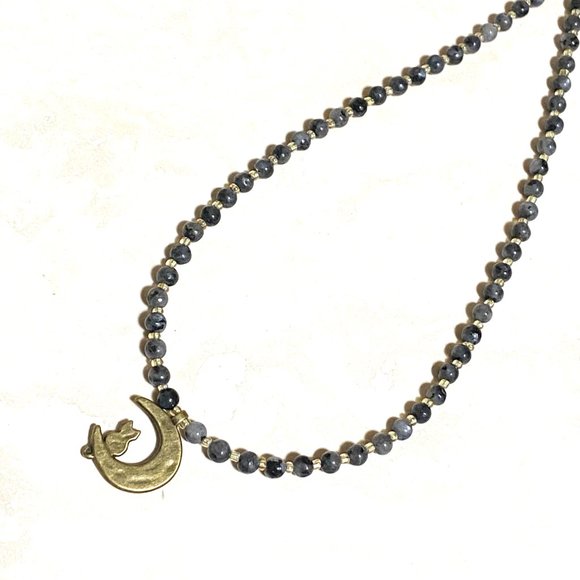 Larvikite Bronze Cat on the Moon Necklace, Genuine Gemstone Beaded Necklace - Picture 6 of 10